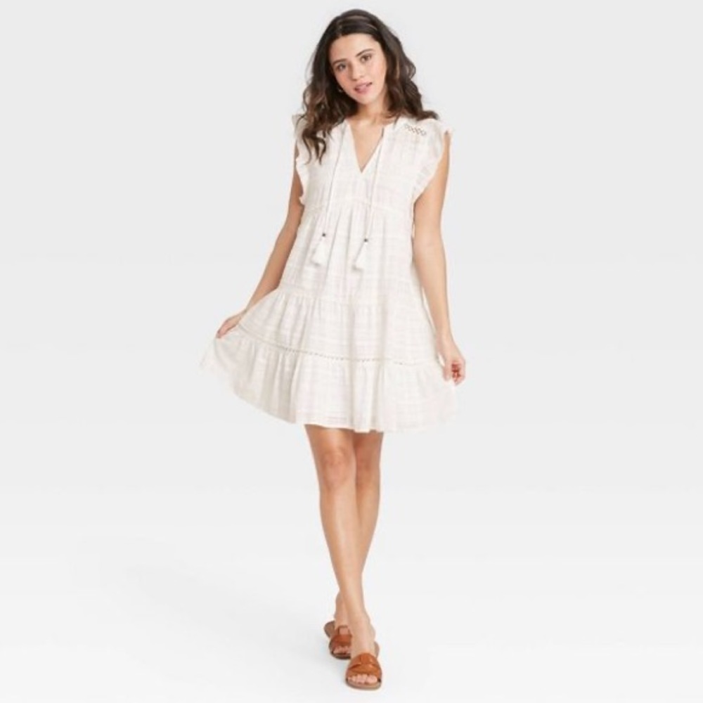 Knox Rose Dress Size XL Mini Boho Peasant Festival Off White Tassels Retro NWT